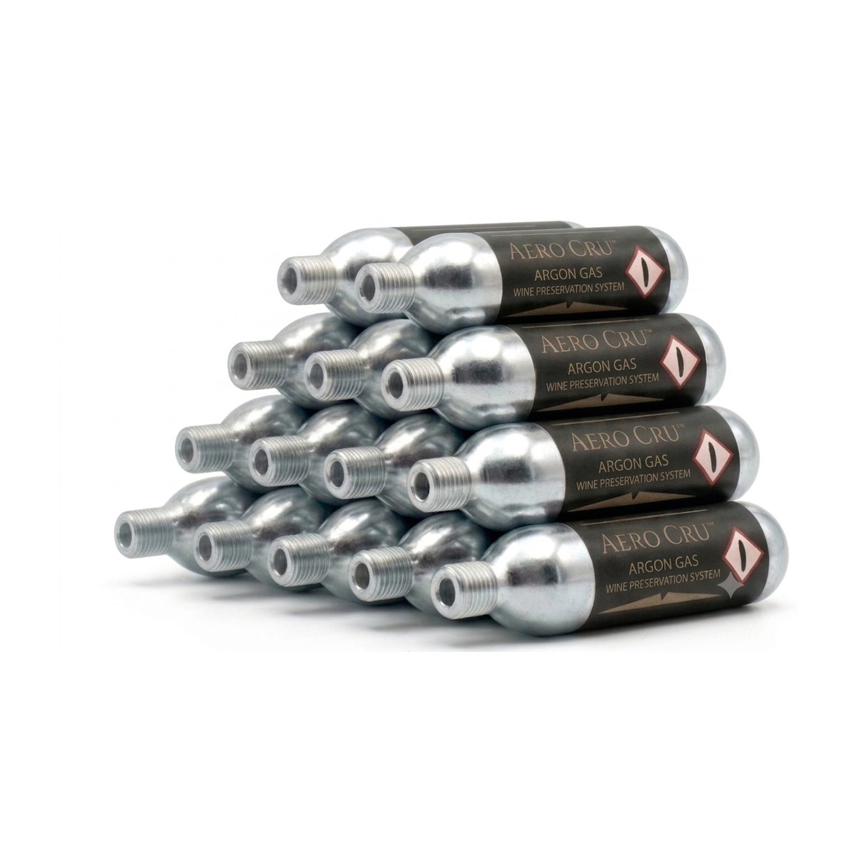 Twelve Aero Cru argon capsules stacked